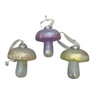 Set Of 3 Iridescent Glass Mushroom Ornaments For Holiday Decor 3.5 in Tall